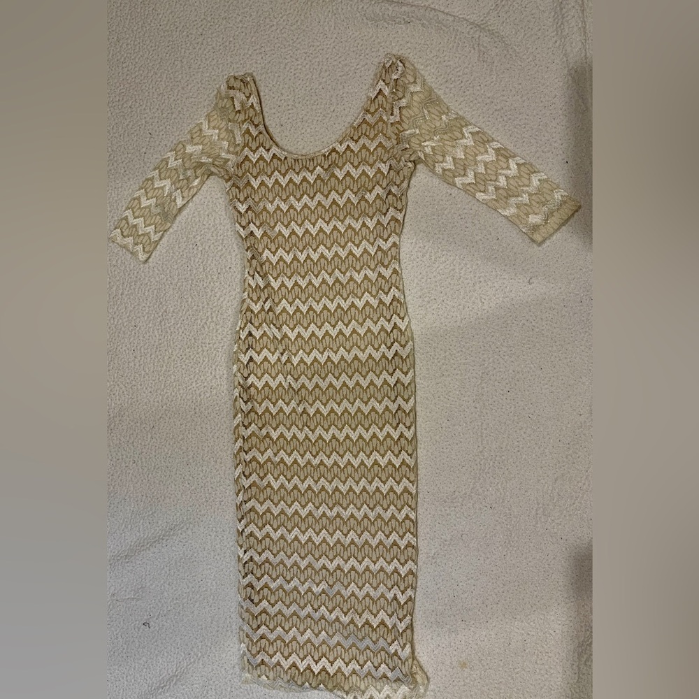 Sea Cream and Tan Chevron Long Sleeve Dress